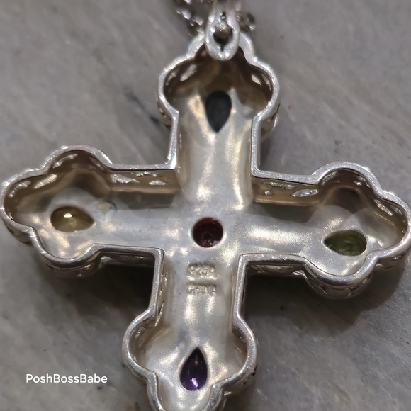 Sterling Silver Marcasite Multi-Gemstone Cross Pendant Necklace – 30" Chain - Picture 6 of 15